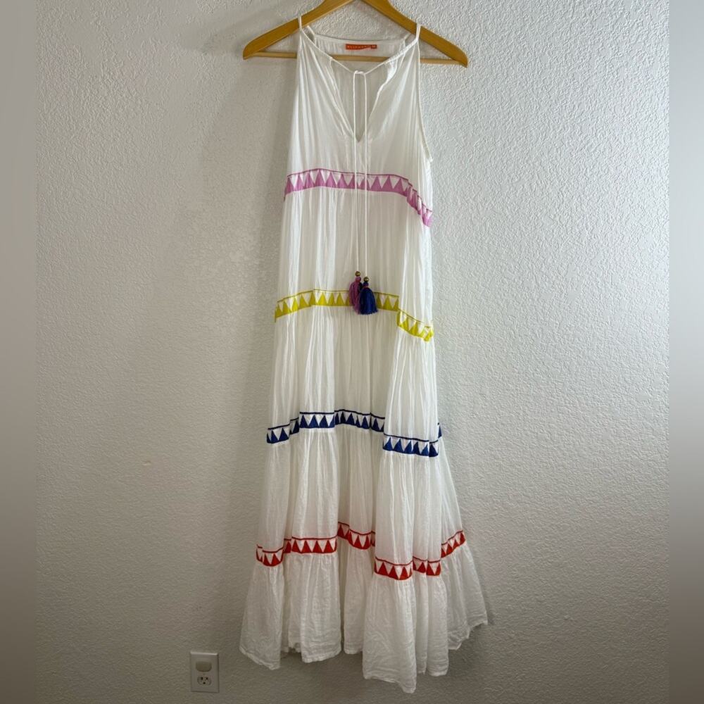 Oliphant Tiered Tassel Tie Cotton Maxi Dress Medium Colorful Accent